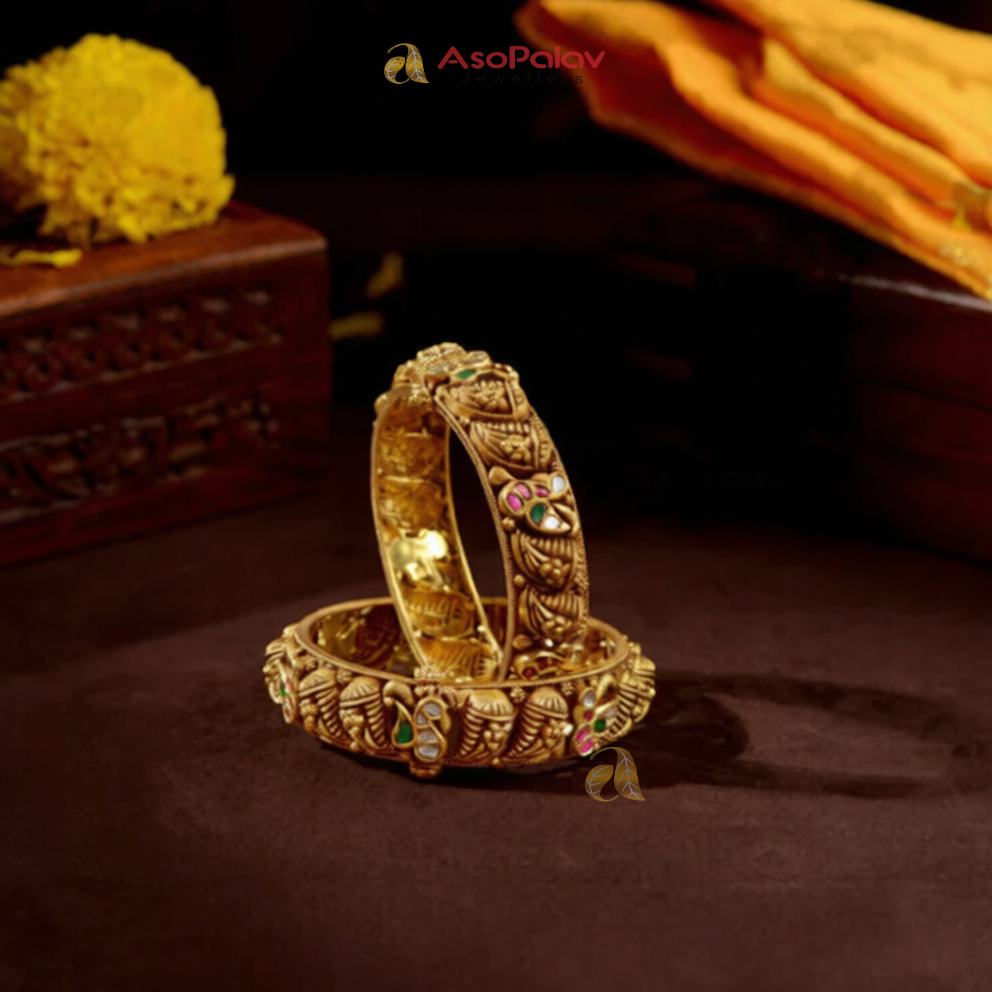 22K Ruby Floral Gold Bangles with Carved Design
